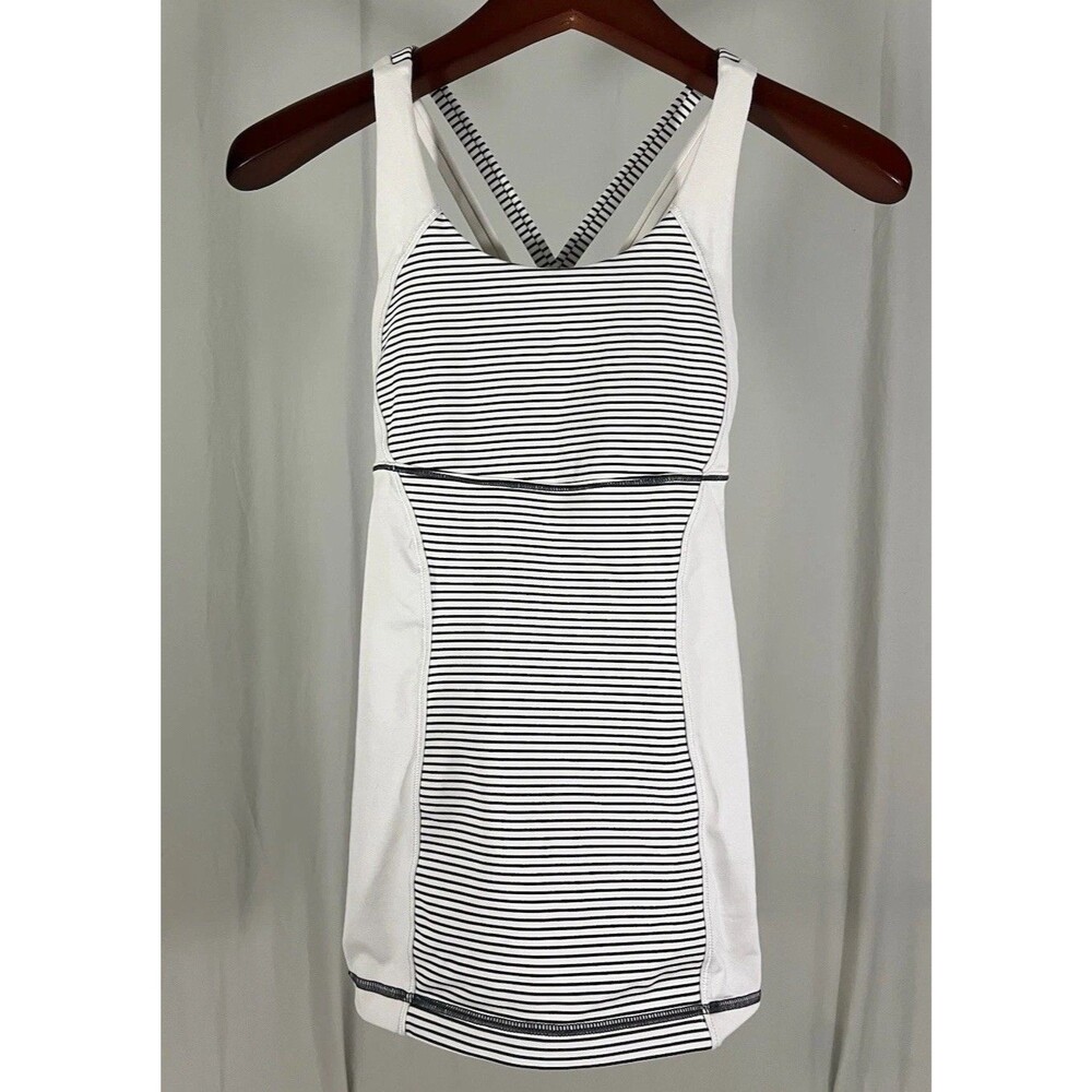 LULULEMON White Dark Gray Striped Scoop Neck Tank Top Athletic *See Photos